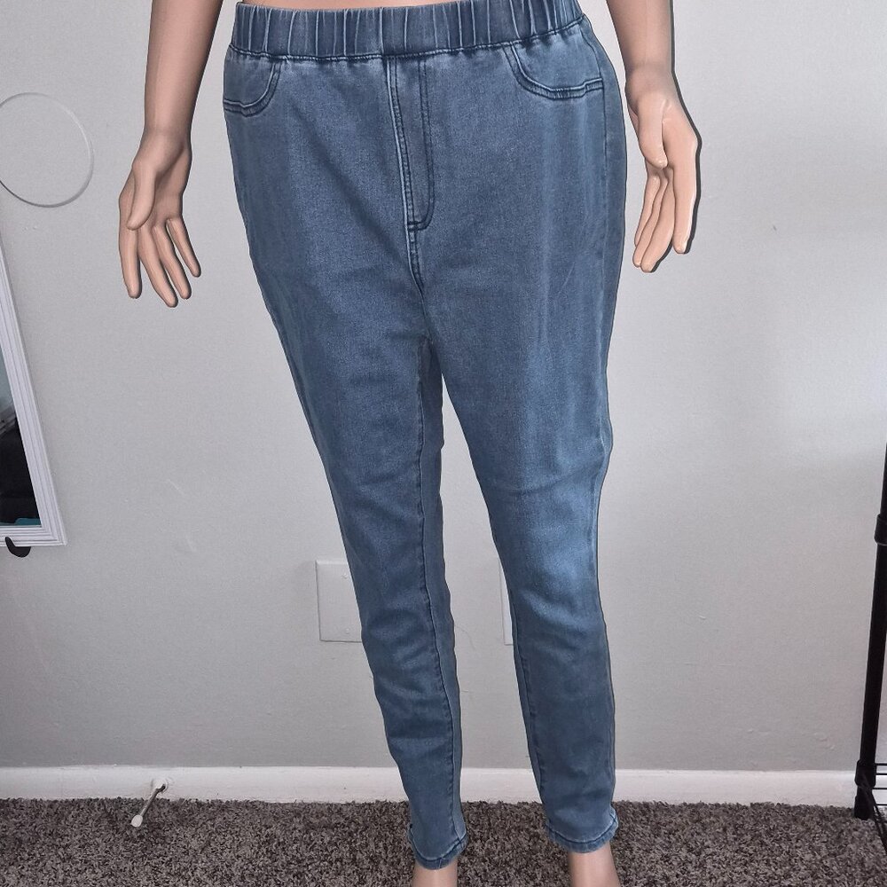 Womens Elastic Waist Denim Straight Leg Jeans (XL)